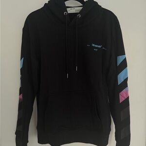Off-White Black Hoodie with Blue and Pink Accents